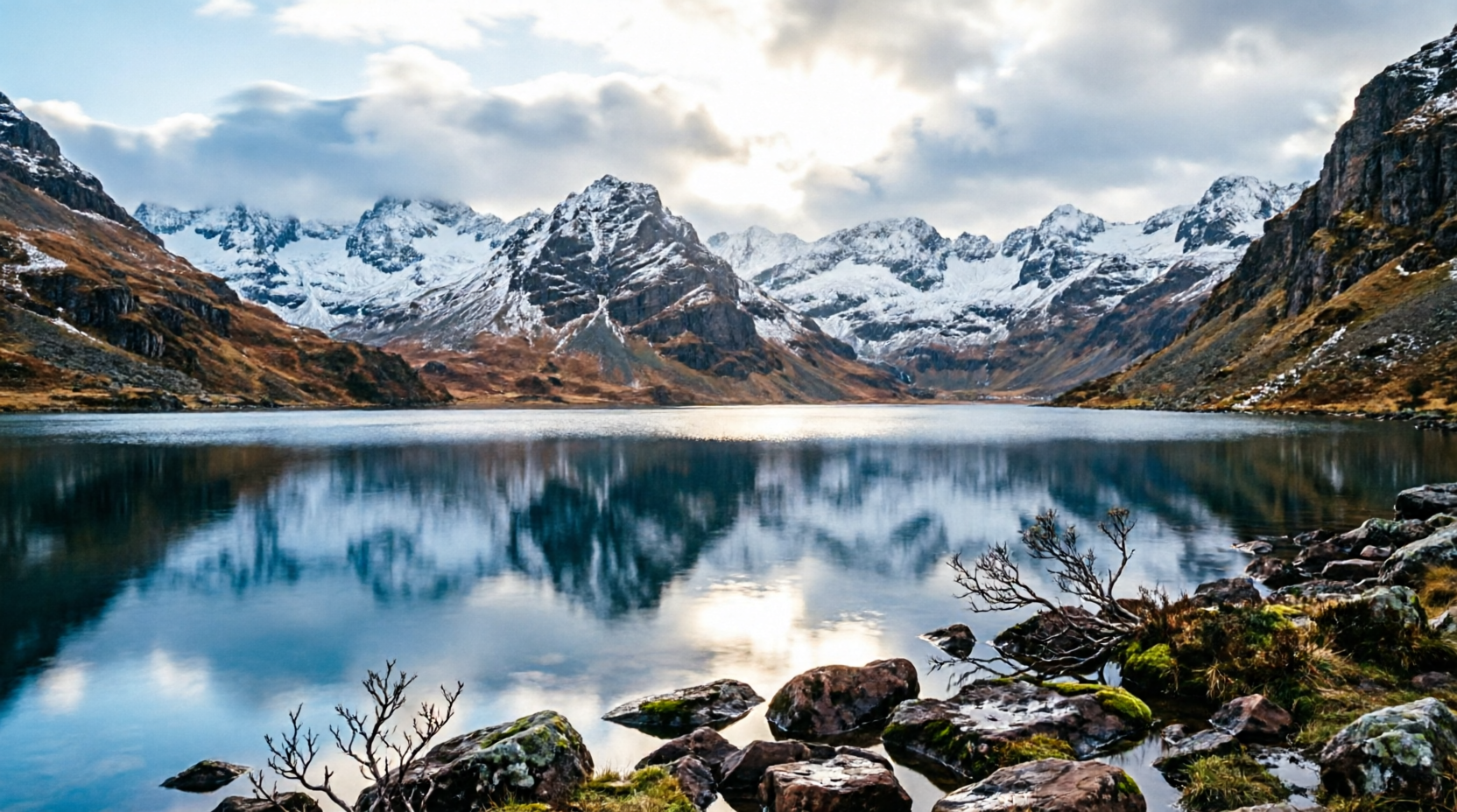 Snowy mountains reflected in a calm alpine lake, with rocky shore in foreground.